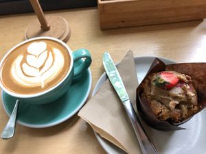Strawberry and almond muffin with an almond flat white at Pearth Organic Kitchen in West Leederville