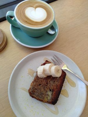 GF & V banana bread with a coconut flat white at Pearth Organic Kitchen in West Leederville
