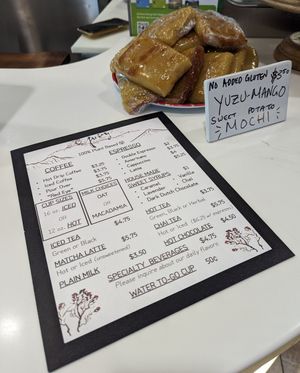 menu and yuzu-mango mochi at Juicy Brew - Makiki in Honolulu