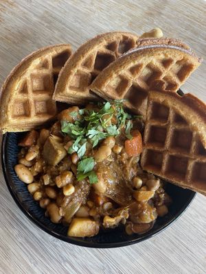 Chili w/ corn (masa) waffles  at Juicy Brew - Kaimuki in Honolulu