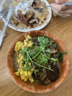 Golden milk waffles and loco moco (weekend brunch) at Juicy Brew - Kaimuki in Honolulu