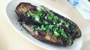 Roasted eggplants with miso and maple syrup (a bit too thick for my taste, but nice flavor). at La Grainerie in Brussels
