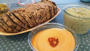 Whole grain bread (awesome) with cashew based garlic cheese (the green stuff; a bit too mild, but nice texture). at La Grainerie in Brussels