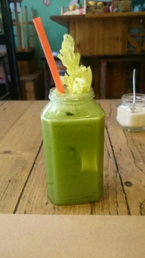 green juice with celery, ginger, cucumber and pineapple  at Pure Bliss in Athens