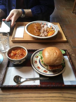 Lunch set. Vegan curry above, and tofu burger with soup below. at Salunpowaku in Minoo