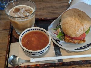Tofu burger, minestrone soup and an iced soy latte. at Salunpowaku in Minoo