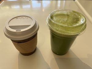 coffee and green juice  at Remedy Juice Cafe in Hood River