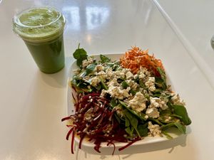 Clean Green Detox juice and Glory Salad...  at Remedy Juice Cafe in Hood River