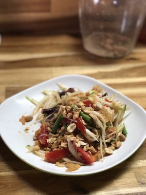 Vegan som tum with crispy mushrooms  at Happy Mushroom - Food Stall in Chiang Mai