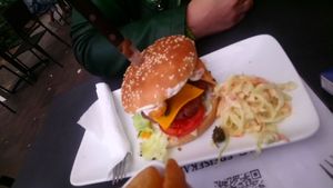 Great burger with coleslaw at Cafe Blattgold in Kiel