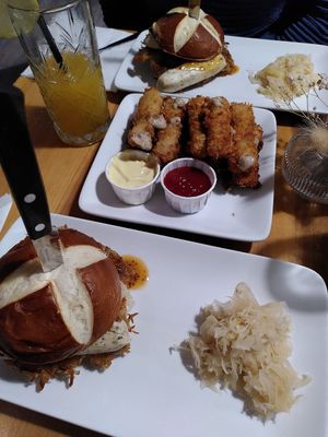 Cheese sticks, sausage and Sauerkraut burger at Cafe Blattgold in Kiel