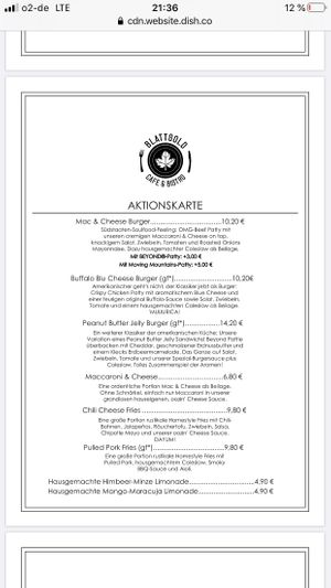 Menu at Cafe Blattgold in Kiel