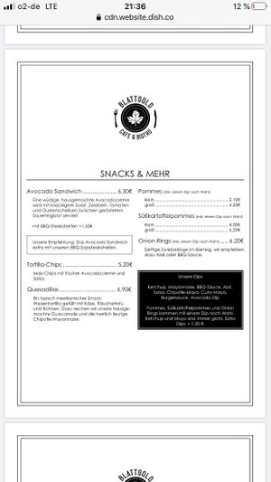 Menu at Cafe Blattgold in Kiel