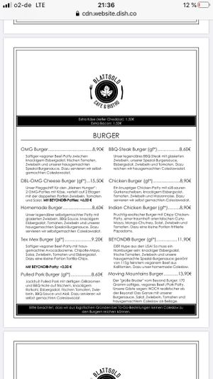 Menu at Cafe Blattgold in Kiel