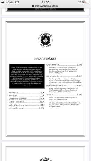 Menu at Cafe Blattgold in Kiel