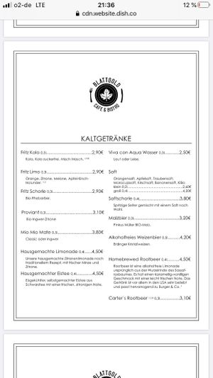 Menu at Cafe Blattgold in Kiel