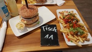 Double OMG Burger with Chili Cheese Fries at Cafe Blattgold in Kiel