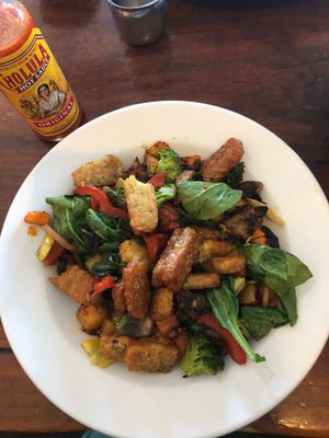 Veggie hash with side of tempeh at Bayside American Cafe in Portland