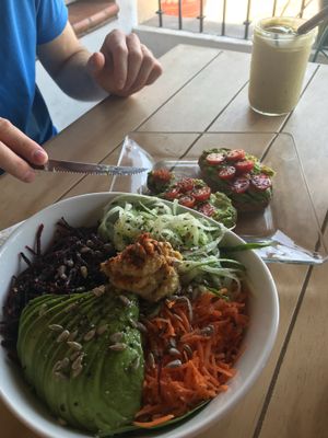 Buddha bowl, avocado toast and pina colada smoothie  at The Yogi Bar in Puerto Vallarta