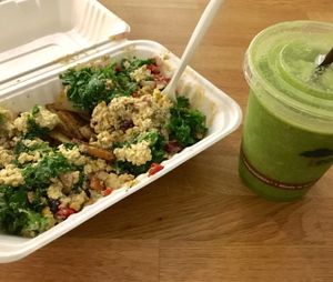 Tahini scramble and kale/mango juice at Rabbits Cafe in Portland