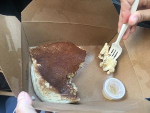 fluffy side order pancake and agave syrup  at Rabbits Cafe in Portland