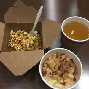 Quinoa porridge, veggie scramble with Yukon Gold potatoes, and yerba mate at Rabbits Cafe in Portland
