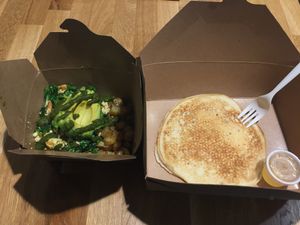 Green scramble with Yukon Gold potatoes and a side pancake with agave syrup at Rabbits Cafe in Portland