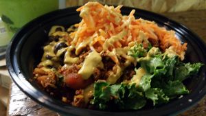 Sonny bowl and green smoothie at Rabbits Cafe in Portland