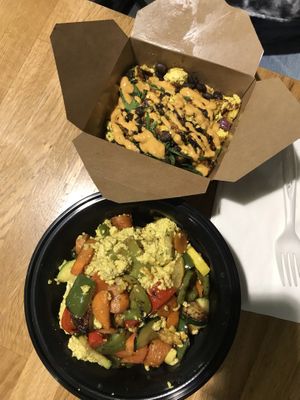 Top: black bean scramble. Bottom: veggie scramble. at Rabbits Cafe in Portland