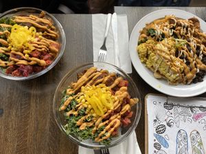 BBQ bowl and Breakfast platter at Rabbits Cafe in Portland