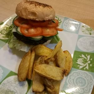 Heart Burger and a side of Fries at Greens Spot Cafe  in Quezon City