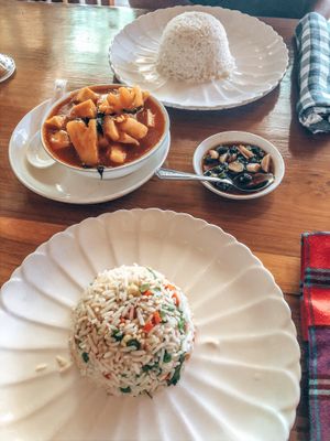 Fried rice with vegetables and pineapple tofu curry at Khaing Shwe Wha Vegetarian Restaurant in Bagan