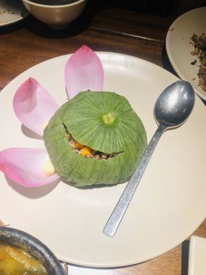 Brown lotus seed rice in lotus leaf at Hum Vegetarian - District 1 in Ho Chi Minh City
