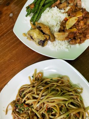 Chop suey noodles on the bottom had vegan meat. Casado included tempura eggplant, green beans, tofu, rice, and a vegan meat curry. #Veganuary at Susbida in San Jose