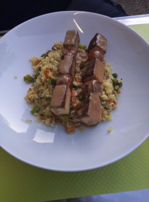 Tofu Satay with Rice at Celoma in Thonac