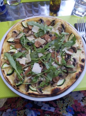 Amazing pizza with vegan sausage and two types of cheese!  at Celoma in Thonac
