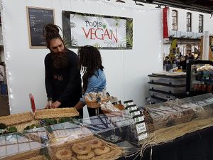 Stall at Veggieworld, Brussels, nov 2018 at Roots Vegan Food in Eperlecques