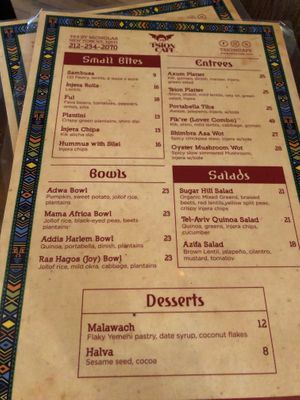 The menu at Tsion Cafe & Bakery in New York City