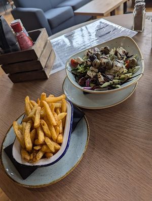 Vegan greek salad and rosemary fries at Showroom Cinema Cafe in Sheffield