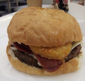 New York brekky bun with added soy bacon at Lord of the Fries in Northbridge