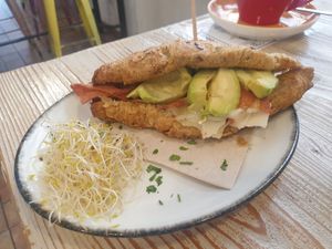 Vegan croissant with avo and v cheese at Almalibre Acai Bar in Valencia