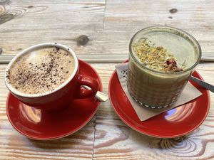 Cappuccino and Matcha Latte  at Almalibre Acai Bar in Valencia