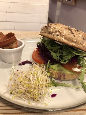 Chueca Bagel + vegan bacon. (Nice add on)  at Almalibre Acai Bar in Valencia