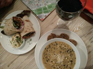 Barcelona wrap. And brocoli soup. (both vegan) at Almalibre Acai Bar in Valencia