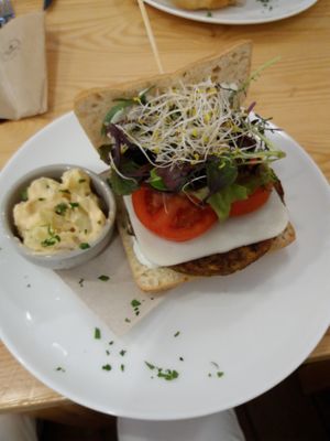 Vegan Burger with potatoes salad
 at Almalibre Acai Bar in Valencia