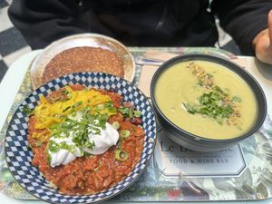 Botanical menu with Chili Sin Carne and zucchini soup of the day  at Le Botaniste - UES in New York City