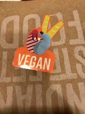 Box labeled with a vegan sticker! at Curry Up Now in San Mateo