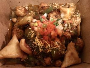 Tasty deconstructed samosa in the to-go box (got a little jostled 😅) at Curry Up Now in San Mateo