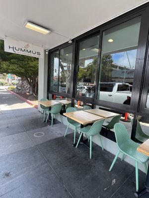 Outside seating on the street   at Hummus Mediterranean Cuisine in San Mateo