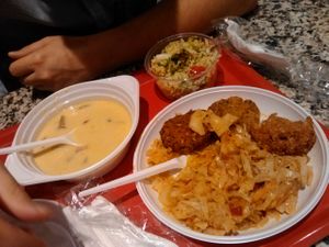 menu of the day of choice: mushroom soup a la grec (with vegan cream), cabbage romanian style with vegan patties, quinoa salad at Food Garden by Enigma in Timisoara